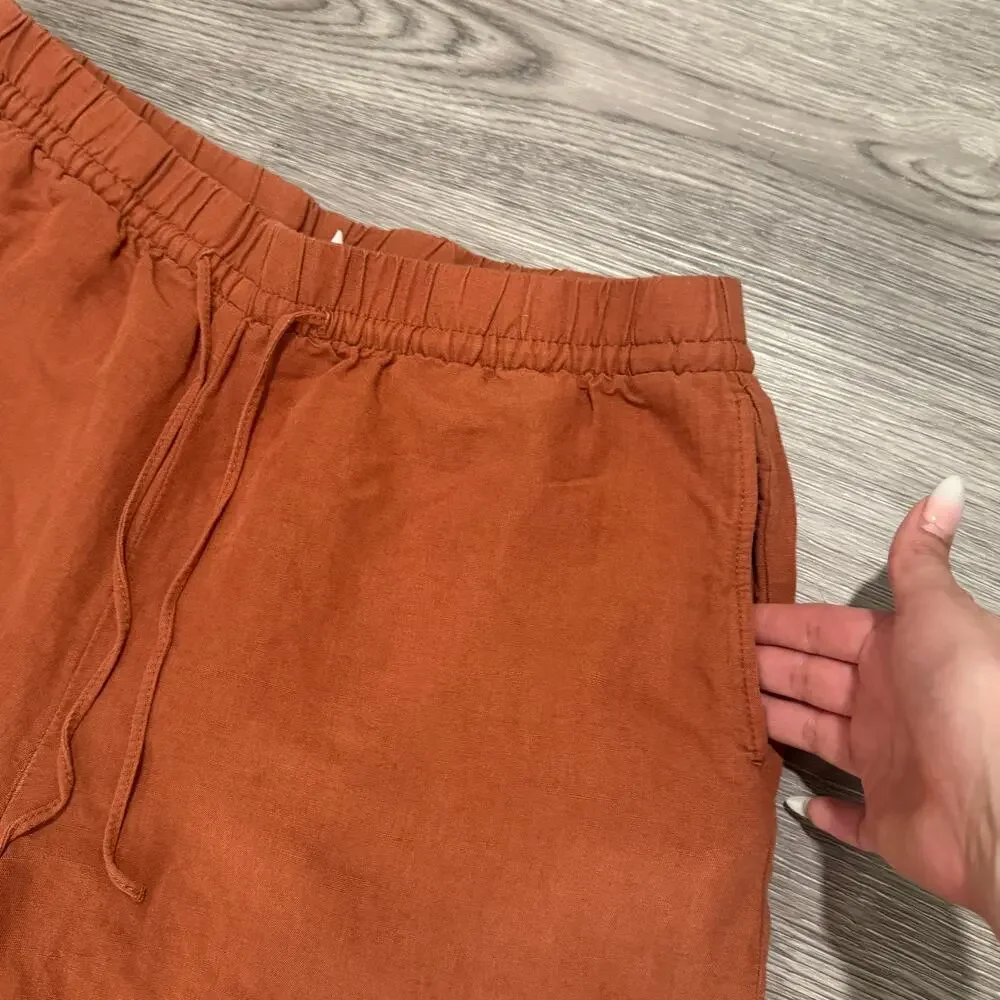 H&M Linen Blend Wide Leg Pull On Pants Rust Orange Relaxed Medium Resort Summer